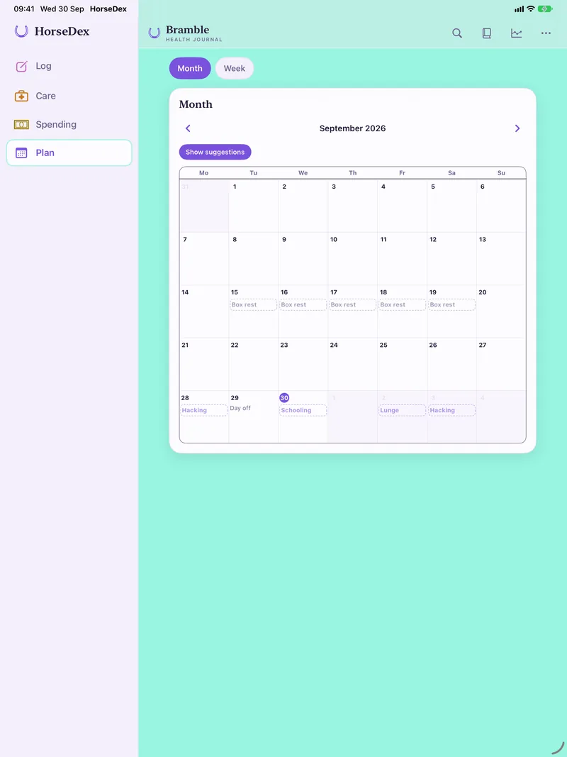 HorseDex on an iPad: the Plan page's month view for September