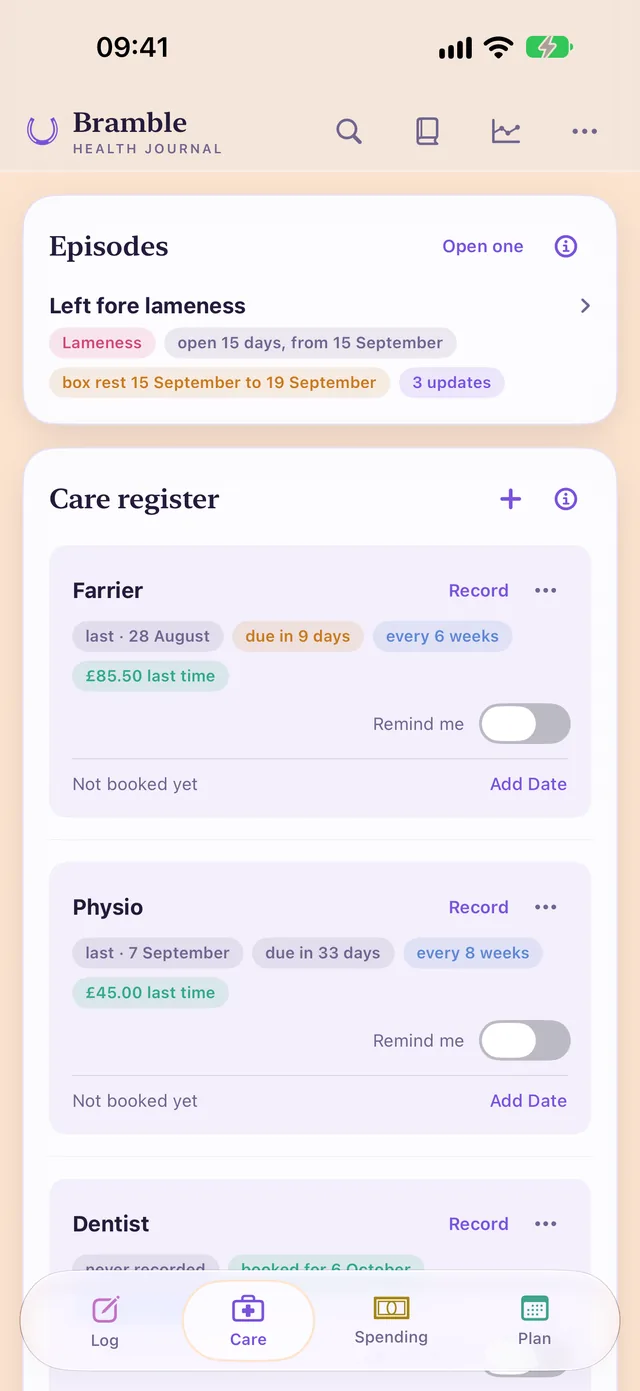 The Care page: an open lameness episode above the care register, with the farrier due in nine days and what the last visit cost