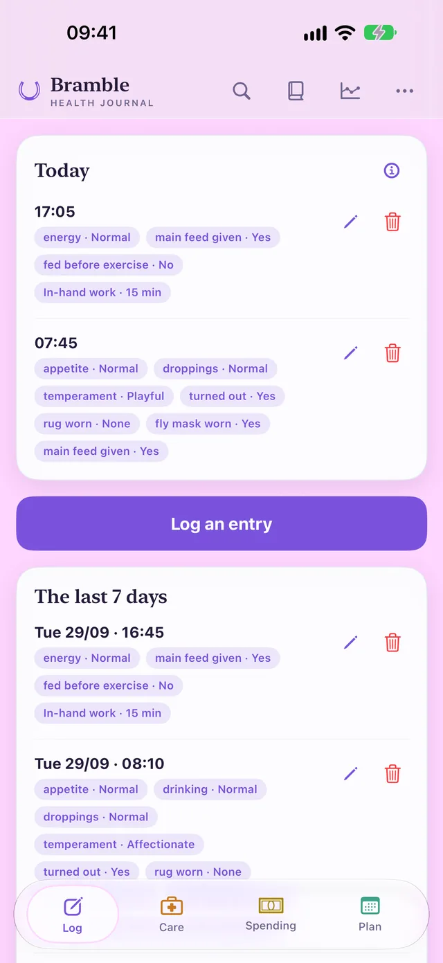 The Log page: today's two entries for Bramble, a Log an entry button, and the last seven days below