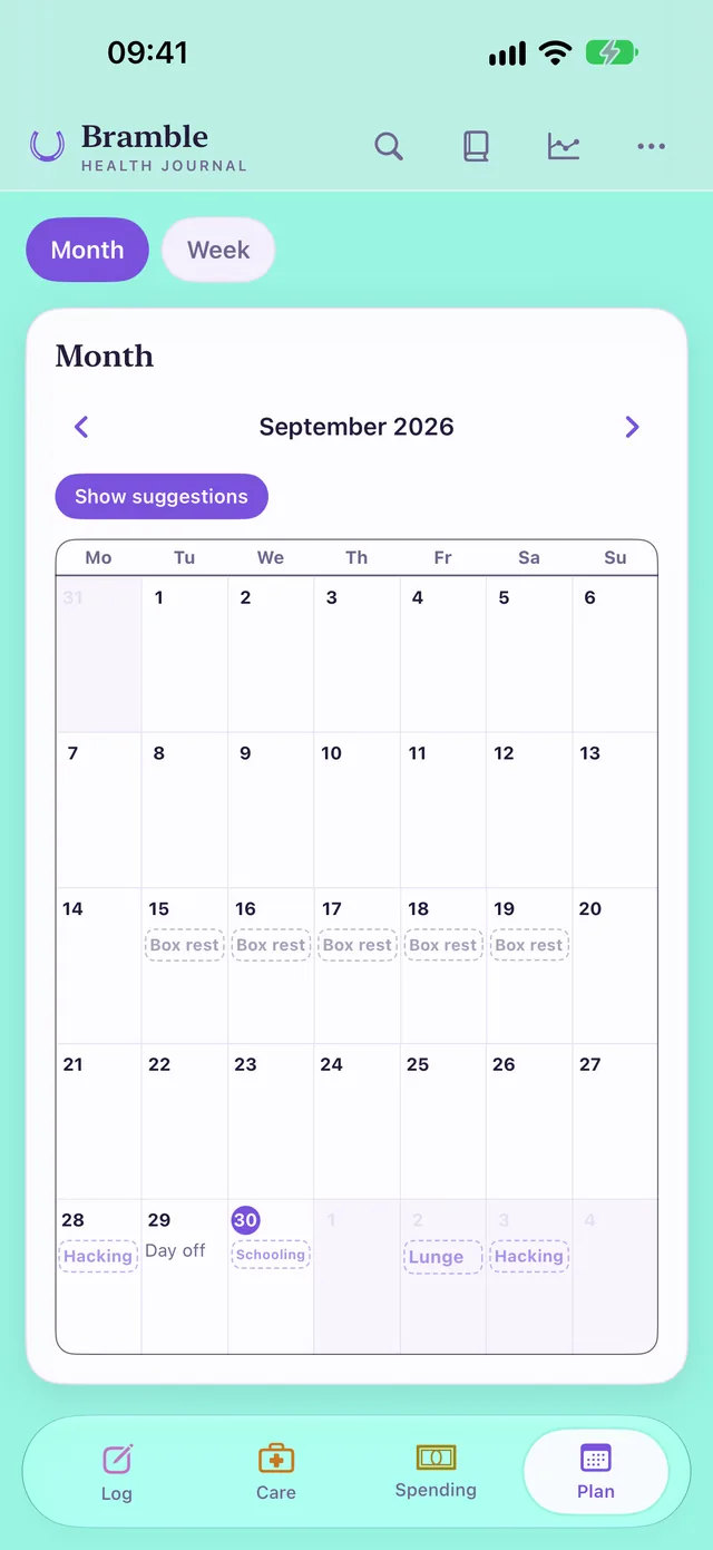 The Plan page in its month view: September laid out with box rest, lessons and a day off