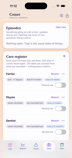 The care register, listing farrier, physio and dentist, each with when it was last done, when it is next due and how often it comes round.