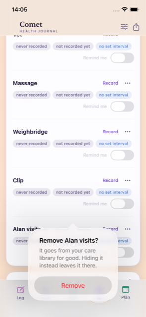 A confirmation reading: Remove Alan visits? It goes from your care library for good. Hiding it instead leaves it there.