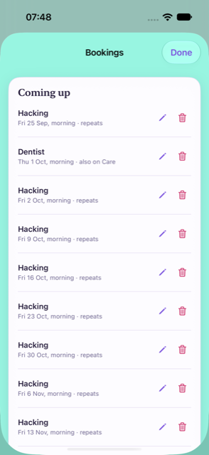 The Bookings sheet listing a weekly hack on Fridays and a dentist visit marked also on Care
