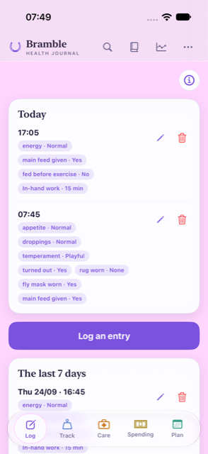 The Log page with today's two entries at the top, a large Log an entry button, and the last seven days below