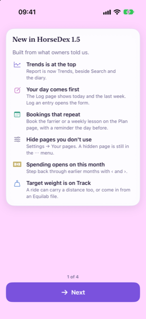 The What's new page: New in HorseDex 1.5, six short lines about what changed, and a Next button with 1 of 4 above it